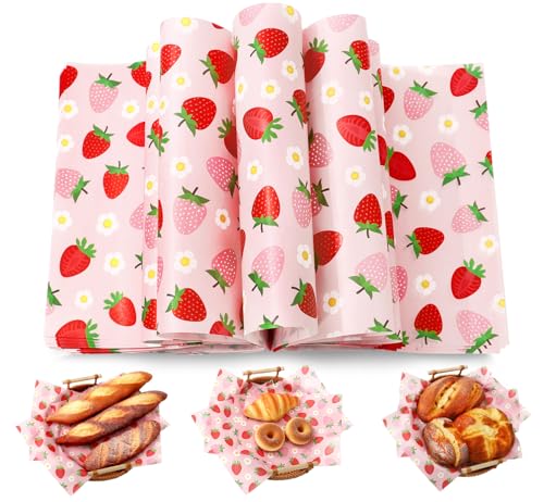 Whaline 150 Pcs Strawberry Wax Paper Pink Red Deli Paper Sheets Waterproof Oil-Proof Strawberry Flower Food Basket Liner For Spring Summer Baby Shower Party Supplies, 9.8 X 8.3 Inch