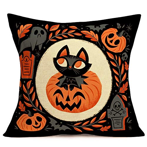 Fukeen Set Of 4 Halloween Party Throw Pillow Covers Cute Cat Pumpkin Maple Leaf Ghost Decorative Pillow Cases Cotton Linen Square 18”X18” Pillow Shams Cushion Cover Home Kids Room Decor, Black Orange #TOP3