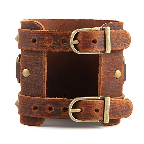 STWTR Men's Wide Cuff Wristband Punk Rock Motorbike Wide Belt Leather Bracelet4