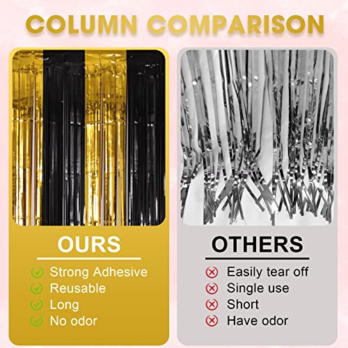 Image of Voircoloria 4 Pack Black and Gold Foil Fringe Backdrop Curtains, Tinsel Streamers Birthday Party Decorations, Fringe Backdrop for Graduation, Baby Shower, Gender Reveal, Disco Party