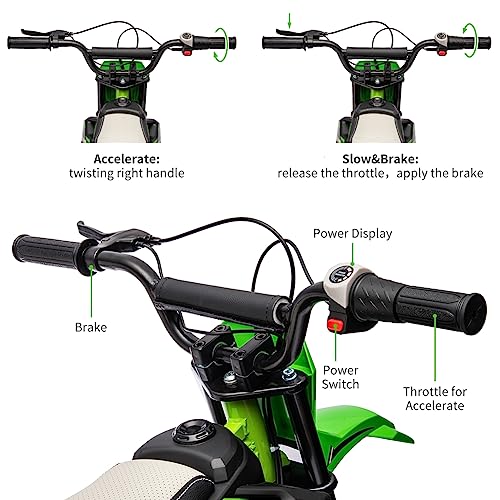 24V 7ah Kids Ride on Motorcycle,13.6MPH Fast Speed Electric Battery-Powered Off-Road Motocross with 250W Strong Motor, Chain-Driven,Leather Seat,Disc Brake,Air-Filled Tires (Green)