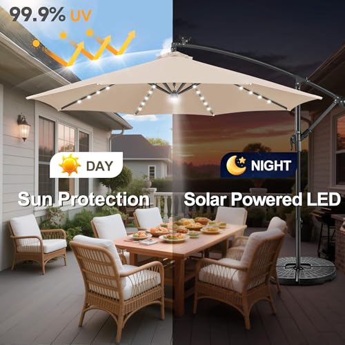 Image of Solar Offset Patio Umbrella - 10 FT Solar Cantilever Umbrella Outdoor with 40 LED Lights and Cross Base, UV Protection for Garden, Deck, Backyard, Pool, Porch, Beige