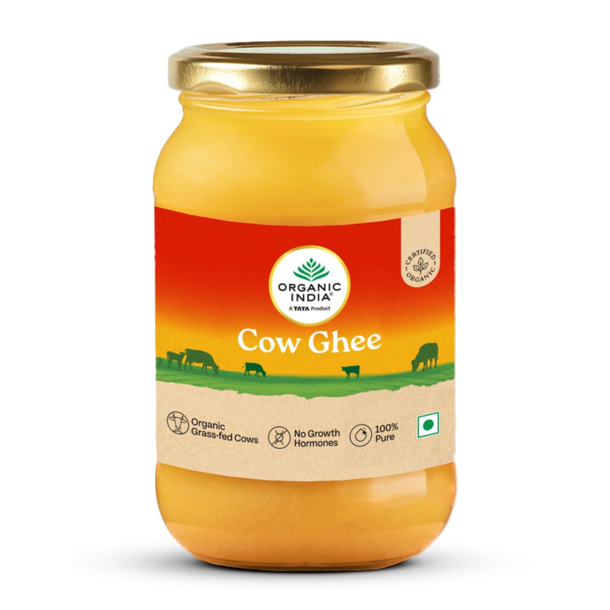 A TATA Product - Organic India Pure Cow Ghee, 500ml, Lab Tested on 600+ Parameters, Certified Organic, Glass Bottle, Sourced from Organically Fed Cows, Authentic Taste, Rich in Healthy Fat