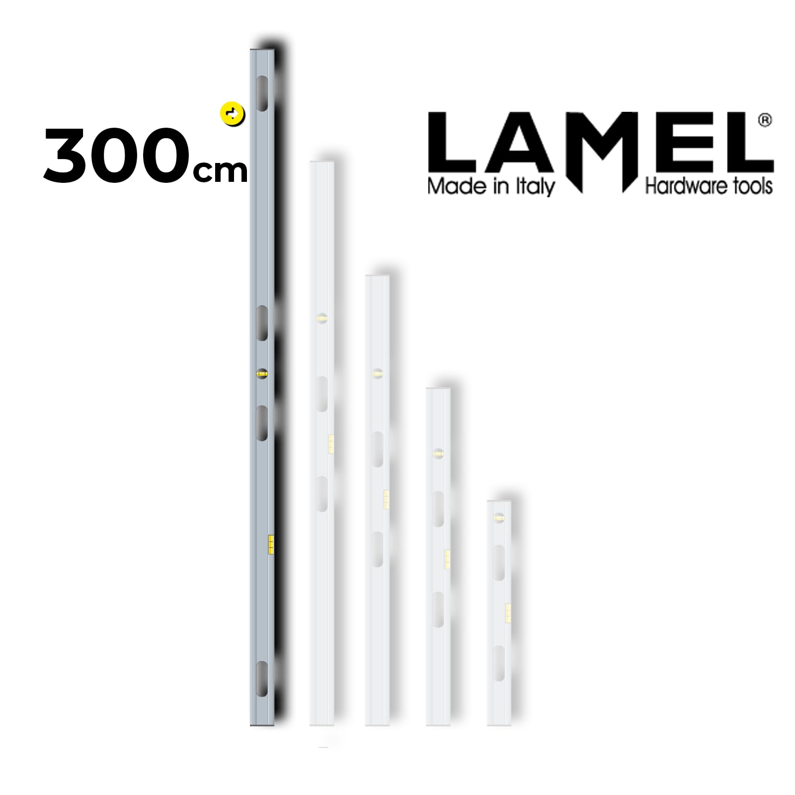 LAMEL Poziomica 300 cm, wyprodukowana we Włoszech, z 4 uchwytami, anodowana, z 1 poziomnicą poziomą i 1 poziomnicą pionową.