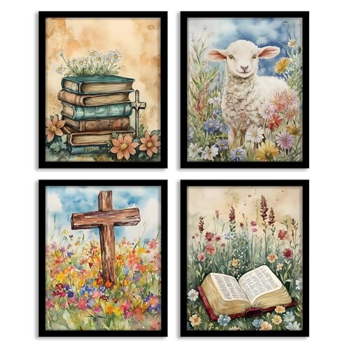 Image of WEFKODO Vintage Christian Flower Bookish Decor Wall Art, Retro Christian Pictures Wall Decor for Home Bathroom Reading Room Church Bedroom, Spring Summer Sheep Posters Prints