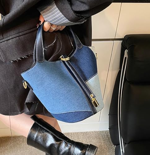 Women Denim Color Block Crossbody Bucket Purses Stylish Top Handle Handbag Casual Tote for Shopping Work3