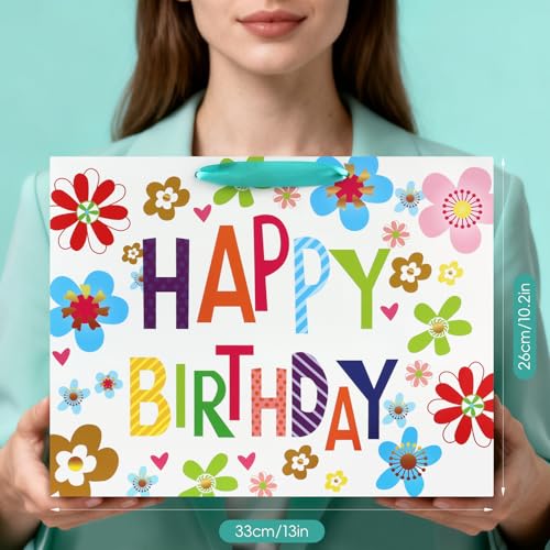 Image of JMANNI Large Happy Birthday Gift Bag with Tissue Papers and Greeting Card, Portable Paper Gift Bags with Handles, Present Bags for Women Girls Birthday Party 13 inch x 10.2 inch x 4.7 inch(Colorful Flowers)