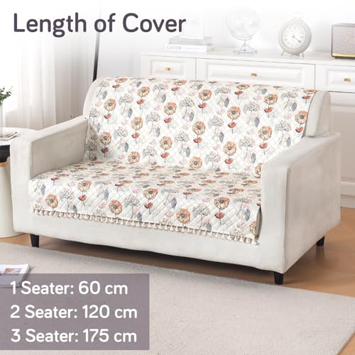 Image of HOKIPO Wildflower Breeze Quilted Sofa Cover with Tassels 2 Seater for Seat & Back, (152x120 cm), 'Tassel Twigs' Series (IN-990-T7)