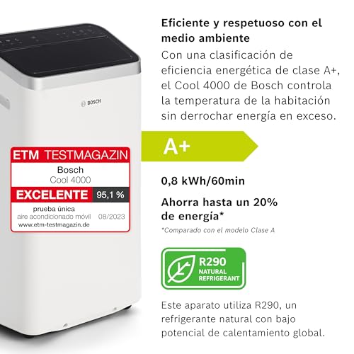 Bosch Cool 4000 AC Portátil - 3 en 1: Aire Acondicionado, Deshumidificador, Ventilador - 2,6 kW, Habitaciones de hasta 35m² - Con Modo Automático, Silencioso y Sleep - imagen 4