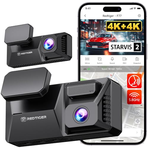 Image of REDTIGER 4K+4K Dash Cam Front and Rear, Dual STARVIS 2 IMX678 Sensor, 5.8GHz WiFi APP Control Car Camera with Built-in 128GB, Voice Control, 4'' Touch Screen, HDR Night View, 24 /7 Parking Mode(F77)