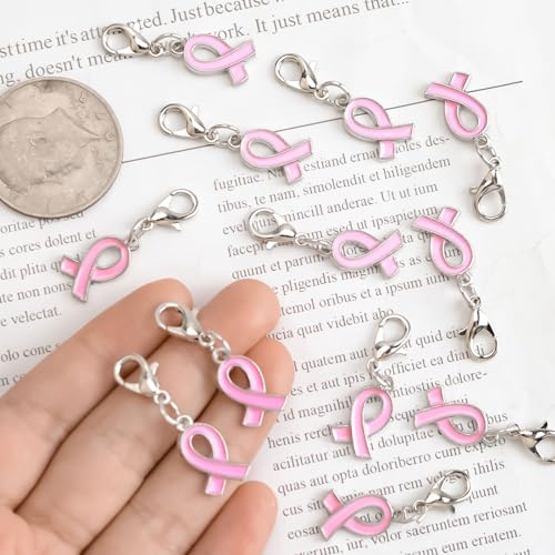 CRAFFANCY 100 Pcs Pink Ribbon Pendant with Clasps, Breast Cancer Awareness Alloy Ribbon Charms for Jewelry Making - Image 3