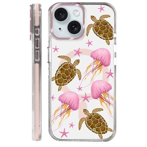 Coque transparente iPhone 15 avec méduse rose et tortue
