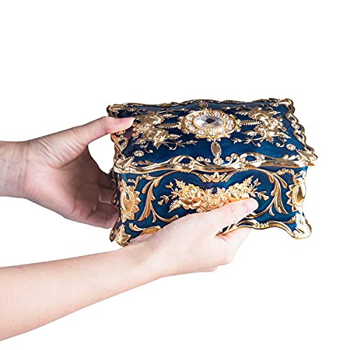 Feyarl Vintage Two Layers Rectangle Trinket Jewelry Box Ornate Ring Earrings Treasure Case Keepsake Box Organizer For Birthday Woman Girl Gift (Blue) 7.1 X 4.7 X 3.1 Inches #TOP4