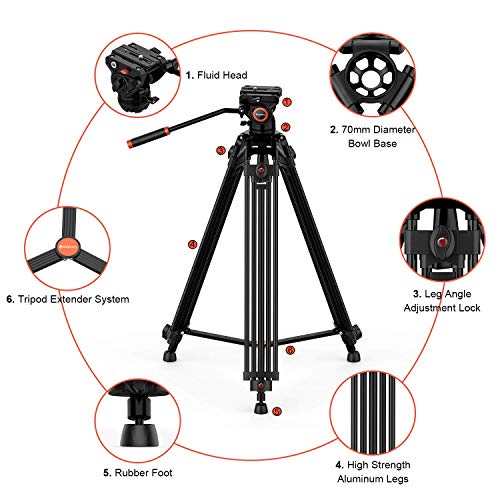 GEEKOTO-Video-Tripod-System-72-inches-Heavy-Duty-Tripod-Professional-Aluminum-Twin-Tube-Tripod-K3-Fluid-Head-Mid-Level-Spreader-Max-Loading-33-LB-360-Degree-Fluid-Head-for-DSLR-Camcorder-Camera