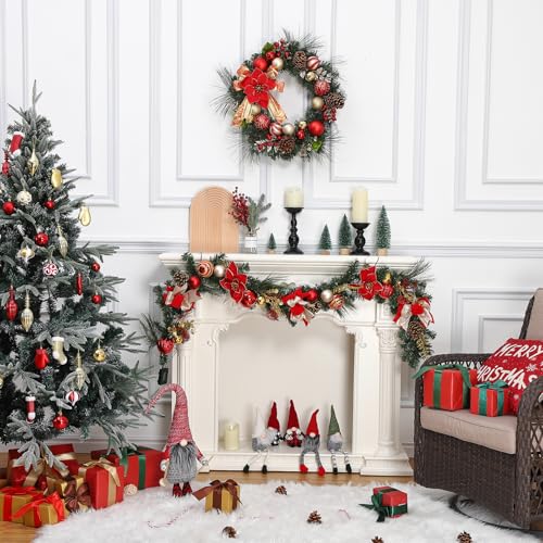 GarveeHome 6 Ft Pre-Lit Christmas Garland, Battery Operated Lighted Xmas Garland with 20 Lights & Timer, Red Gold