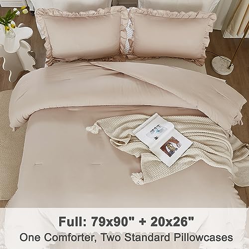 Image of Litanika Full Comforter Set Beige, 3 Pieces Khaki Ruffle Farmhouse Aesthetic Bedding Comforter Set, Lightweight Fluffy Microfiber Bed Set (79x90In Comforter, 2 Pillowcases)