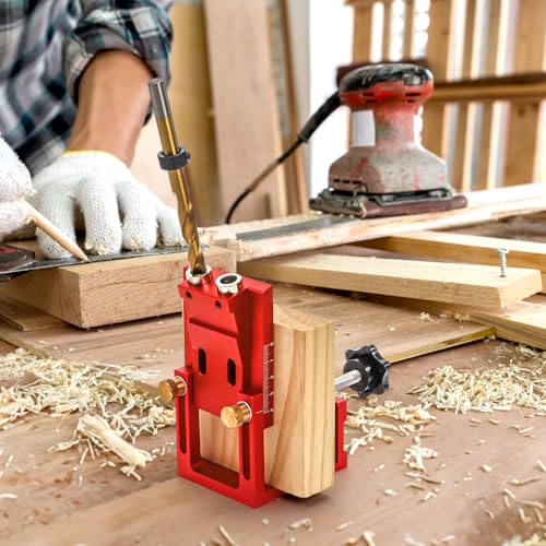 Image of Hiceeden Adjustable Pocket Hole Jig Kit, Aluminum Alloy Pocket Screw Jig Tools Set with 15 Degree Joint Angle, Portable 3 /8 Inch Hole System for Woodworking Hole Drill Guide, Red