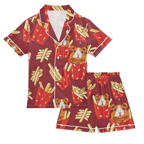 ALAZA Guinea Pig French Fries Satin Pajamas Set Short Sleeve Button Down Sleepwear Summer Pjs 2 Piece