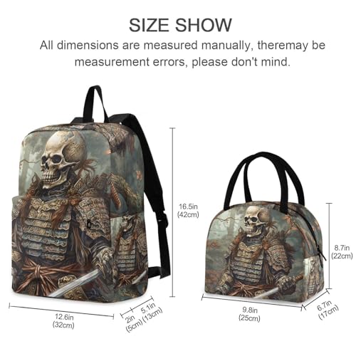 Backpack Lunch Box Set Large Capacity Travel Backpacks and Insulated Lunch Bag for Commute Hiking Picnic Japanese Skeleton Warrior Print2