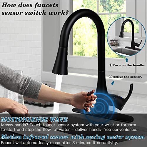 Motion Sensor Automatic Kitchen Faucet Touchless,Soosi Pull Down Kitchen Faucet Single Handle One/3 Hole 3 Setting Sprayer Matte Black Solid Brass Kitchen Faucets Spot Free Lead-Free, Stainless Steel #TOP1