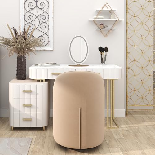 Image of HNY Upholstered Kitchen & Dining Room Barrel Chair, Mid Century Modern Round Velvet Dining Chair, 360 Degree Swivel Comfy Armless Accent Makeup Vanity Side Chair for Bedroom Living Room, Khaki