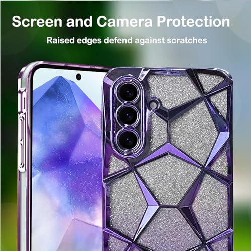 Image of VONZEE Gradient Glitter Case for Samsung A36, Luxury Electroplated 3D Cube, Diamond Bling Shiny Soft TPU Clear Shockproof Case Women Girls Protective Phone Cover (Deep Purple)