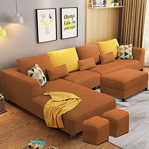 Image of Casaliving Minta LHS 8 Seater L Shape Sofa Set with Ottoman & 2 Puffy for Living Room (Orange - Colour Fabric) Premium Fabric Sofa Set ForLiving Room | Hall