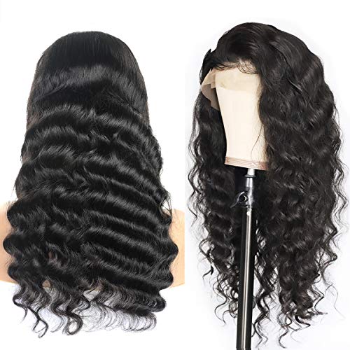 Allove 13X4 Loose Deep Wave Lace Front Wigs Human Hair with Baby Hair Pre Plucked 14inch Brazilian Virgin Remy Human Hair Wigs for Black Women 150% Density 10a Natural Hairline Wig Natural Color