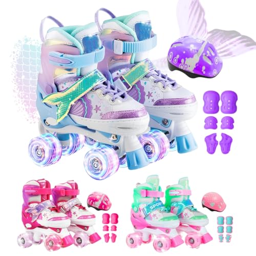 Patins Infantil 4 Rodas Ajustável Rodinha Led Sereia + Kit Proteção (Verdee, M - 33 ao 36)