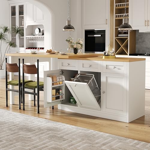 BTM Kitchen Island with Pull-out Bin Holder Coffee Station Rotatable Bar Table with Storage Cabinet Extendable Table White