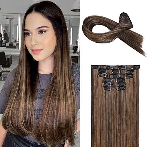 Clip in Hair Extensions, LONAI 6PCS 24" Long Black Brown with Highlight Straight Synthetic Clip On Hairpiece For Women Natural Hair For Daily Use Cosplay Party