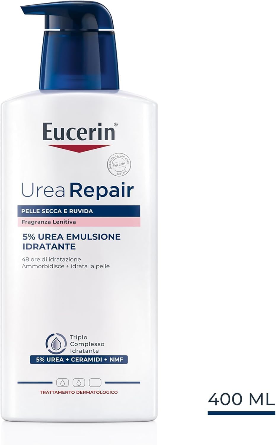 Eucerin Urea Repair Emulsione Idratante 5% Fragranza Lenitiva 400 ml, Crema idratante corpo 48h, Crema Urea al 5% e Ceramidi, Formula profumata per pelle secca e ruvida