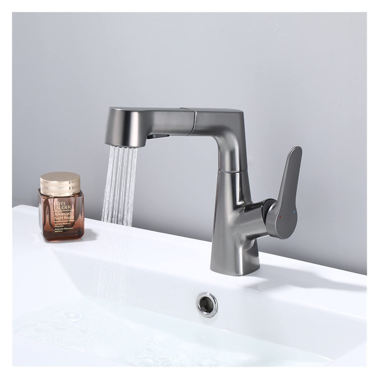 Robinet de salle de bain extractible anti éclaboussures mitigeur cuivre gris brossé