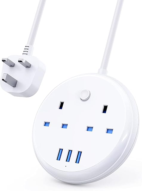 Small Extension Lead with USB by KOOSLA, Mini Desktop Power Strip with 2 Outlets & 3 USB Ports(3.1A, 15W),No Surge Protection,1.8 M Flat Plug Extension Cord for Cruise Ship, Travel, Home