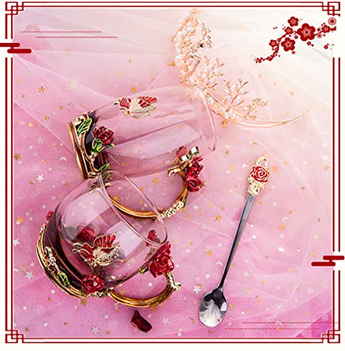 Guon-Wuvl Handicraft Crystal Glass 3D Flower Cups Tea Mug With Tea Spoon Women Coffee, Tea, Juice, Beer, Milk Hot And Cold Drinks Use Gift Package. (Rose Red Coffee Cup, 12 Oz) #TOP5