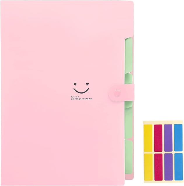KONVINIT Expanding File Folder Wallet Documents A4 File Folder Pockets with Buckle Closure for Office, Folder with 5 Pockets, Pink Cover