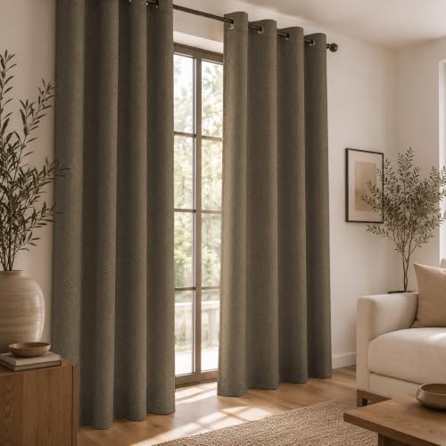 Image of LINENWALAS 100% Blackout Curtains for Window (5 Feet) - Set of 2 Panels, Herringbone Linen Texture Complete Light Block, Thermal Insulated & Noise Reducing Room Darkening Drapes (Coffee Brown)