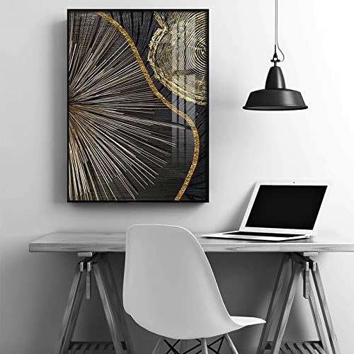 Peinture murale abstraite or noir grain de bois triptyque moderne de salon