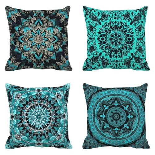 Housse coussin 45x45 mandala bleu imperméable pour canapé k-714