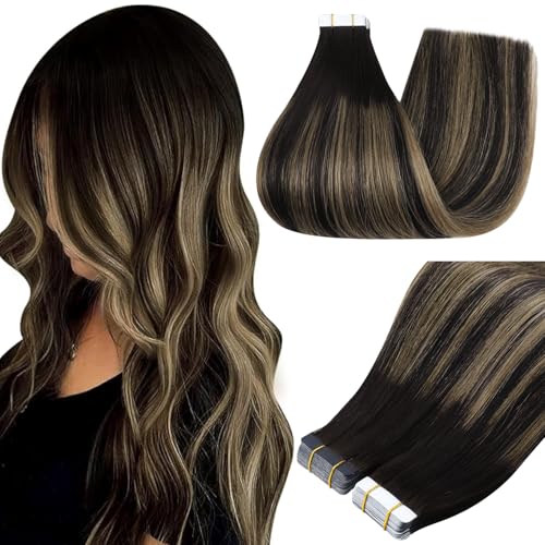 Image of Full Shine Tape ins Human Hair Extensions Balayage Tape in Hair Extensions 16Inch Seamless Skin Weft Tapes Extension 20pcs 1B Black to 27 Honey Blonde with 1B Invisible Straight Full Head 50G