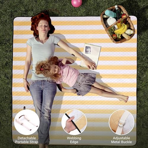 HX&OD Extra Large Picnic Outdoor Blanket, 80”x80” Waterproof Picnic Mat Foldable Camping Blanket Portable with Carry Strap for Beach Mat Outdoor Camping Party(Yellow) - Thumbnail 6