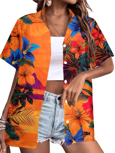 Hawaiian Shirt Floral Tropical Print Tee Hawaii Shirts Aloha Beach Tee Cute Vcation Button Up Blouse