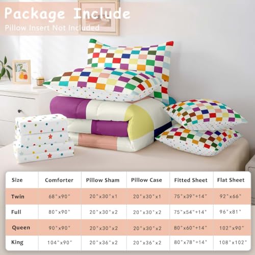 Image of Feelyou Colorful Checkered Retro 7 Piece Bedding Set Kids Boys Girls Modern Geometric Cute Comforter Set with Sheets Full Size Beige Colorful Bed in a Bag Vintage Simple Groovy Aesthetic Room Decor