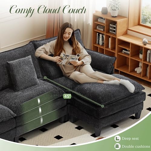 Image of Comfy Chenille Cloud Couch, Modular Sectional Sofa with Movable Ottoman, Deep Seat Couches for Living Room, Bedroom and Apartment, 106 inch L Shaped Modern Sofa with Pillows, Black
