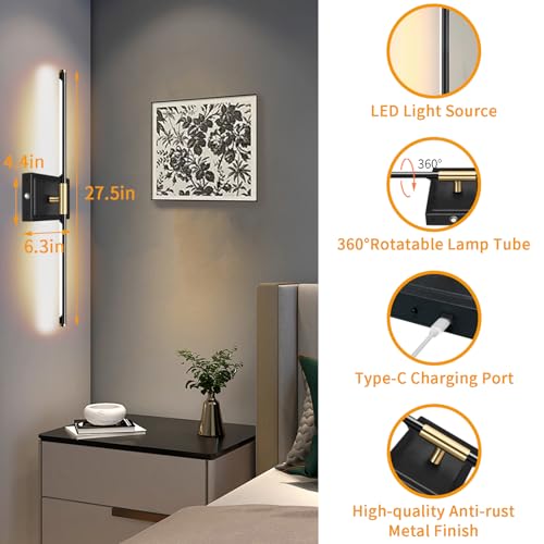 Image of Wall Sconces Set of 2 Battery Operated, 8000mAh USB Rechargeable Wall Sconce with Remote Control, 360Rotate Dimmable 3000K-6000K LED Dimmable Picture Lamp for Living Room, Bedroom, Hallway (28inch)
