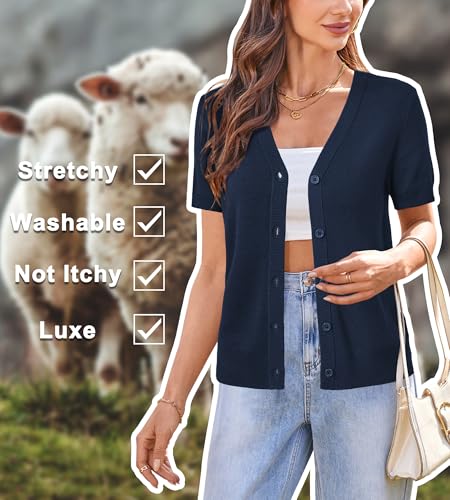Image of Arach&Cloz Women's Wool Blend Short Sleeve Lightweight Cardigan Business Casual Summer Sweaters Tops