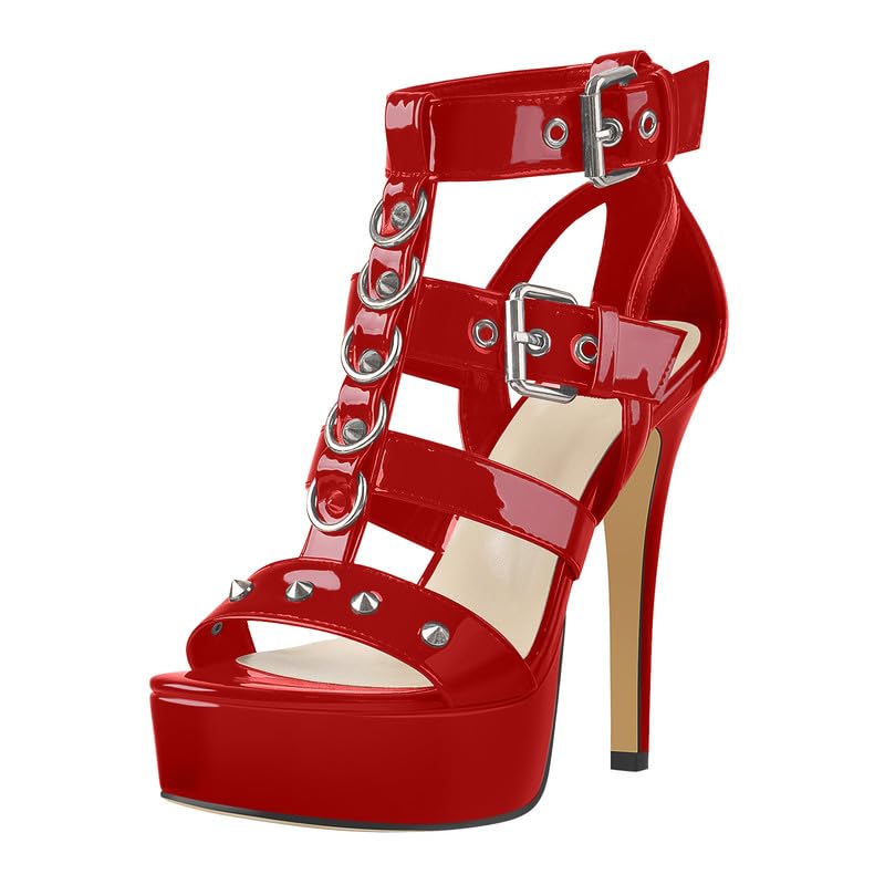 Only maker Sandali da donna effetto laccato, con tacco a T nero, con borchie