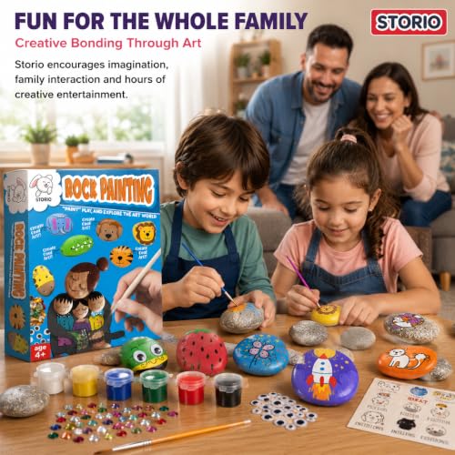 Image of Storio Rock Painting Kit with Googly Eyes, Gems, Water Colours, Arts and Crafts Activity Set for Kids 4+ Years, Gift for Boys and Girls, Multicolor