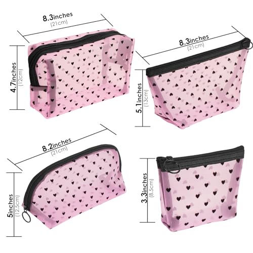 4 Pieces Mesh Cosmetic Bags, Portable Travel Mesh Makeup Bag, Heart Print Zipper Pouch Toiletry Bag for Women Girls (Pink)4