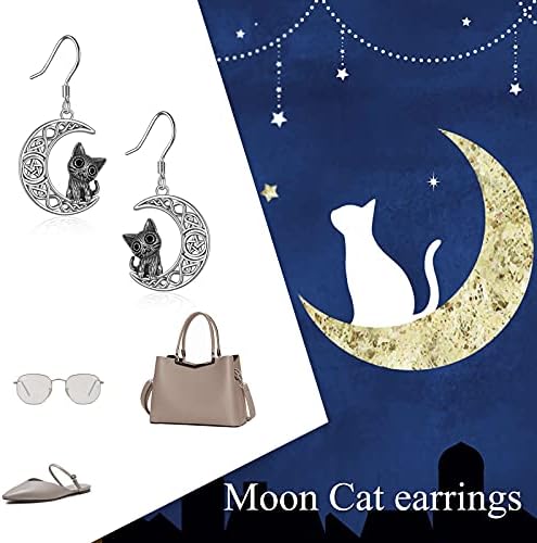 YFN Cat Earrings for Women 925 Sterling Silver Celtic Wiccan Moon Cat Dangle Earrings for Girls